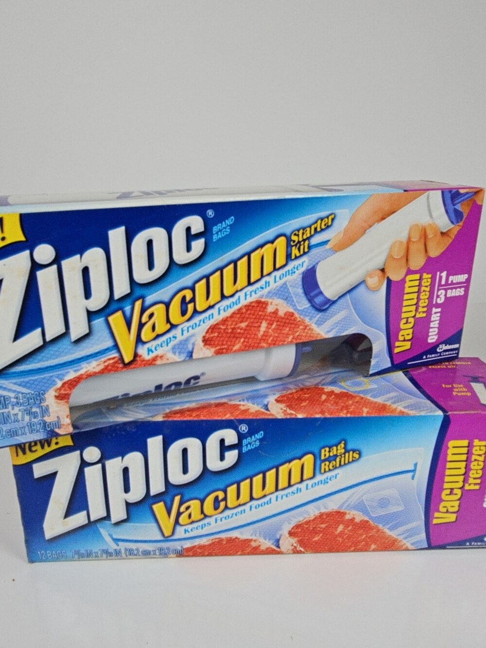 Ziploc Vacuum Freezer Starter Kit with Pump 3 Bags Plus 12-Bag Refill Quart
